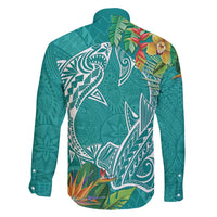 Polynesia Family Matching Off Shoulder Maxi Dress and Hawaiian Shirt Sharks Duo Tropical Teal LT7 - Polynesian Pride