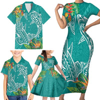 Polynesia Family Matching Short Sleeve Bodycon Dress and Hawaiian Shirt Sharks Duo Tropical Teal LT7 - Polynesian Pride