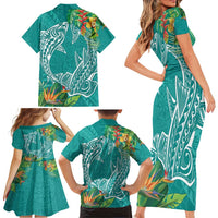 Polynesia Family Matching Short Sleeve Bodycon Dress and Hawaiian Shirt Sharks Duo Tropical Teal LT7 - Polynesian Pride
