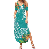 Polynesia Family Matching Summer Maxi Dress and Hawaiian Shirt Sharks Duo Tropical Teal LT7 Mom's Dress Teal - Polynesian Pride