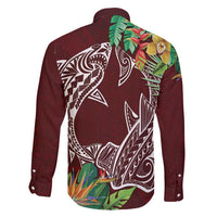 Polynesia Family Matching Long Sleeve Bodycon Dress and Hawaiian Shirt Sharks Duo Tropical Oxblood LT7 - Polynesian Pride