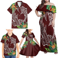 Polynesia Family Matching Off Shoulder Maxi Dress and Hawaiian Shirt Sharks Duo Tropical Oxblood LT7 - Polynesian Pride