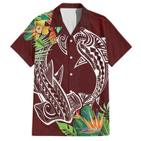 Polynesia Family Matching Off Shoulder Maxi Dress and Hawaiian Shirt Sharks Duo Tropical Oxblood LT7 Dad's Shirt - Short Sleeve Oxblood - Polynesian Pride