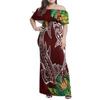 Polynesia Family Matching Off Shoulder Maxi Dress and Hawaiian Shirt Sharks Duo Tropical Oxblood LT7 Mom's Dress Oxblood - Polynesian Pride