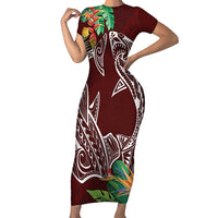 Polynesia Family Matching Short Sleeve Bodycon Dress and Hawaiian Shirt Sharks Duo Tropical Oxblood LT7 Mom's Dress Oxblood - Polynesian Pride