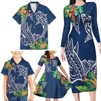 Polynesia Family Matching Long Sleeve Bodycon Dress and Hawaiian Shirt Sharks Duo Tropical Navy LT7 - Polynesian Pride