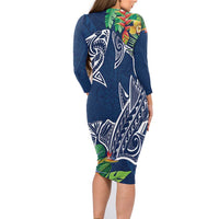 Polynesia Family Matching Long Sleeve Bodycon Dress and Hawaiian Shirt Sharks Duo Tropical Navy LT7 - Polynesian Pride