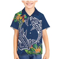 Polynesia Family Matching Mermaid Dress and Hawaiian Shirt Sharks Duo Tropical Navy LT7 Son's Shirt Navy - Polynesian Pride