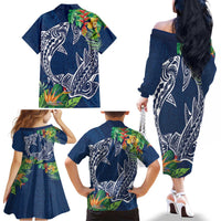 Polynesia Family Matching Off The Shoulder Long Sleeve Dress and Hawaiian Shirt Sharks Duo Tropical Navy LT7 - Polynesian Pride