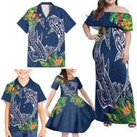 Polynesia Family Matching Off Shoulder Maxi Dress and Hawaiian Shirt Sharks Duo Tropical Navy LT7 - Polynesian Pride