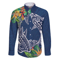 Polynesia Family Matching Off Shoulder Maxi Dress and Hawaiian Shirt Sharks Duo Tropical Navy LT7 Dad's Shirt - Long Sleeve Navy - Polynesian Pride