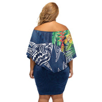 Polynesia Family Matching Off Shoulder Short Dress and Hawaiian Shirt Sharks Duo Tropical Navy LT7 - Polynesian Pride