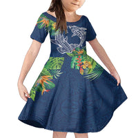 Polynesia Family Matching Short Sleeve Bodycon Dress and Hawaiian Shirt Sharks Duo Tropical Navy LT7 Daughter's Dress Navy - Polynesian Pride