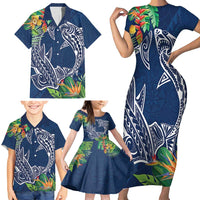 Polynesia Family Matching Short Sleeve Bodycon Dress and Hawaiian Shirt Sharks Duo Tropical Navy LT7 - Polynesian Pride