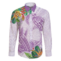 Polynesia Family Matching Off The Shoulder Long Sleeve Dress and Hawaiian Shirt Sharks Duo Tropical Lavender LT7 Dad's Shirt - Long Sleeve Lavender - Polynesian Pride