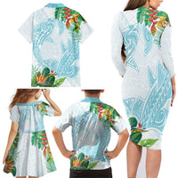 Polynesia Family Matching Long Sleeve Bodycon Dress and Hawaiian Shirt Sharks Duo Tropical Turquoise LT7 - Polynesian Pride
