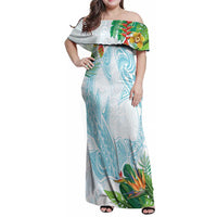 Polynesia Family Matching Off Shoulder Maxi Dress and Hawaiian Shirt Sharks Duo Tropical Turquoise LT7 Mom's Dress Turquoise - Polynesian Pride