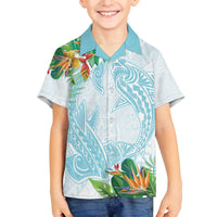 Polynesia Family Matching Off Shoulder Short Dress and Hawaiian Shirt Sharks Duo Tropical Turquoise LT7 Son's Shirt Turquoise - Polynesian Pride