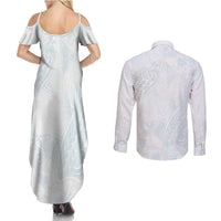 Polynesia Couples Matching Summer Maxi Dress and Long Sleeve Button Shirt Sharks Duo Tropical Off White