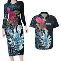 Niue Personalised Couples Matching Long Sleeve Bodycon Dress and Hawaiian Shirt Hiapo Mix Coconut Crab LT7 Art - Polynesian Pride