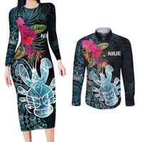 Niue Personalised Couples Matching Long Sleeve Bodycon Dress and Long Sleeve Button Shirt Hiapo Mix Coconut Crab LT7 Art - Polynesian Pride