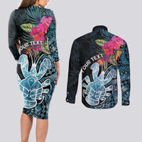 Niue Personalised Couples Matching Long Sleeve Bodycon Dress and Long Sleeve Button Shirt Hiapo Mix Coconut Crab LT7 - Polynesian Pride