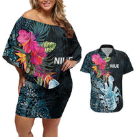 Niue Personalised Couples Matching Off Shoulder Short Dress and Hawaiian Shirt Hiapo Mix Coconut Crab LT7 Art - Polynesian Pride
