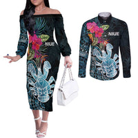 Niue Personalised Couples Matching Off The Shoulder Long Sleeve Dress and Long Sleeve Button Shirt Hiapo Mix Coconut Crab LT7 Art - Polynesian Pride