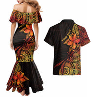 Niue Fakaalofa Atu Personalised Couples Matching Mermaid Dress and Hawaiian Shirt Whale Hiapo Fiery Motif LT7 - Polynesian Pride