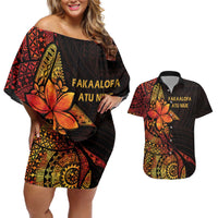 Niue Fakaalofa Atu Personalised Couples Matching Off Shoulder Short Dress and Hawaiian Shirt Whale Hiapo Fiery Motif LT7 Art - Polynesian Pride