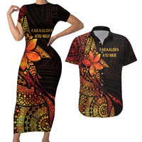Niue Fakaalofa Atu Personalised Couples Matching Short Sleeve Bodycon Dress and Hawaiian Shirt Whale Hiapo Fiery Motif LT7 Art - Polynesian Pride