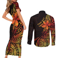 Niue Fakaalofa Atu Personalised Couples Matching Short Sleeve Bodycon Dress and Long Sleeve Button Shirt Whale Hiapo Fiery Motif LT7 - Polynesian Pride