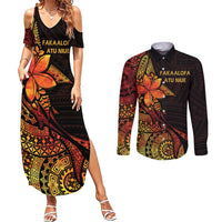 Niue Fakaalofa Atu Personalised Couples Matching Summer Maxi Dress and Long Sleeve Button Shirt Whale Hiapo Fiery Motif LT7 Art - Polynesian Pride