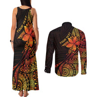 Niue Fakaalofa Atu Personalised Couples Matching Tank Maxi Dress and Long Sleeve Button Shirt Whale Hiapo Fiery Motif LT7 - Polynesian Pride