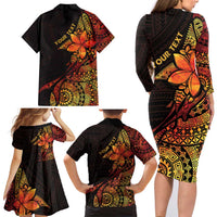 Niue Fakaalofa Atu Personalised Family Matching Long Sleeve Bodycon Dress and Hawaiian Shirt Whale Hiapo Fiery Motif LT7 - Polynesian Pride