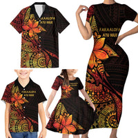 Niue Fakaalofa Atu Personalised Family Matching Short Sleeve Bodycon Dress and Hawaiian Shirt Whale Hiapo Fiery Motif LT7 - Polynesian Pride