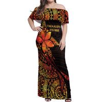 Niue Fakaalofa Atu Personalised Off Shoulder Maxi Dress Whale Hiapo Fiery Motif LT7 Women Art - Polynesian Pride