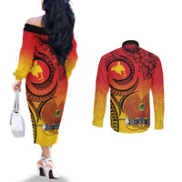 Papua New Guinea 50 Years Couples Matching Off The Shoulder Long Sleeve Dress and Long Sleeve Button Shirt Motuan Motifs LT7 - Polynesian Pride