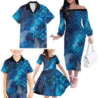 Aotearoa Taniko Matariki Family Matching Off The Shoulder Long Sleeve Dress and Hawaiian Shirt Cosmic Blue LT7 - Polynesian Pride