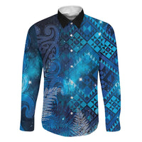 Aotearoa Taniko Matariki Family Matching Off The Shoulder Long Sleeve Dress and Hawaiian Shirt Cosmic Blue LT7 Dad's Shirt - Long Sleeve Blue - Polynesian Pride
