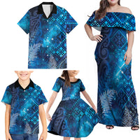 Aotearoa Taniko Matariki Family Matching Off Shoulder Maxi Dress and Hawaiian Shirt Cosmic Blue LT7 - Polynesian Pride