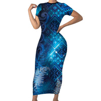 Aotearoa Taniko Matariki Family Matching Short Sleeve Bodycon Dress and Hawaiian Shirt Cosmic Blue LT7 Mom's Dress Blue - Polynesian Pride