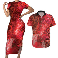 Aotearoa Taniko Matariki Couples Matching Short Sleeve Bodycon Dress and Hawaiian Shirt Cosmic Red LT7 Red - Polynesian Pride