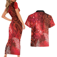 Aotearoa Taniko Matariki Couples Matching Short Sleeve Bodycon Dress and Hawaiian Shirt Cosmic Red LT7 - Polynesian Pride