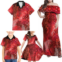 Aotearoa Taniko Matariki Family Matching Off Shoulder Maxi Dress and Hawaiian Shirt Cosmic Red LT7 - Polynesian Pride