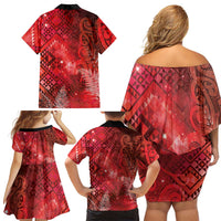 Aotearoa Taniko Matariki Family Matching Off Shoulder Short Dress and Hawaiian Shirt Cosmic Red LT7 - Polynesian Pride