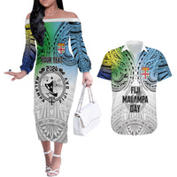 Malampa Fiji Day Couples Matching Off The Shoulder Long Sleeve Dress and Hawaiian Shirt Gradient Style LT7 White - Polynesian Pride
