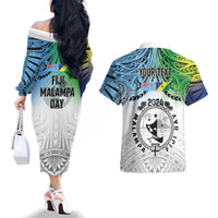 Malampa Fiji Day Couples Matching Off The Shoulder Long Sleeve Dress and Hawaiian Shirt Gradient Style LT7 - Polynesian Pride