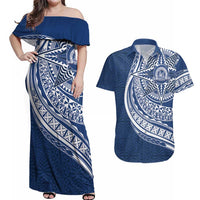 Tonga Queen Salote College Personalized Couples Matching Off Shoulder Maxi Dress and Hawaiian Shirt Ngatu Tokelaufeletoa Motifs LT7 Navy Blue - Polynesian Pride