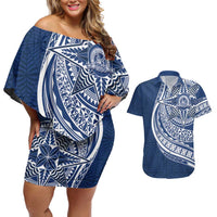 Tonga Queen Salote College Personalized Couples Matching Off Shoulder Short Dress and Hawaiian Shirt Ngatu Tokelaufeletoa Motifs LT7 Navy Blue - Polynesian Pride